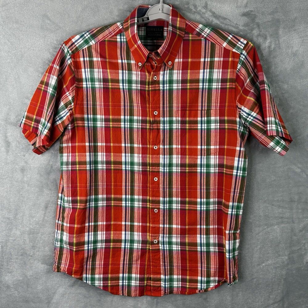 Viyella Bullock Jones Shirt Mens Large Red Plaid‎ Button Up Short Sleeve